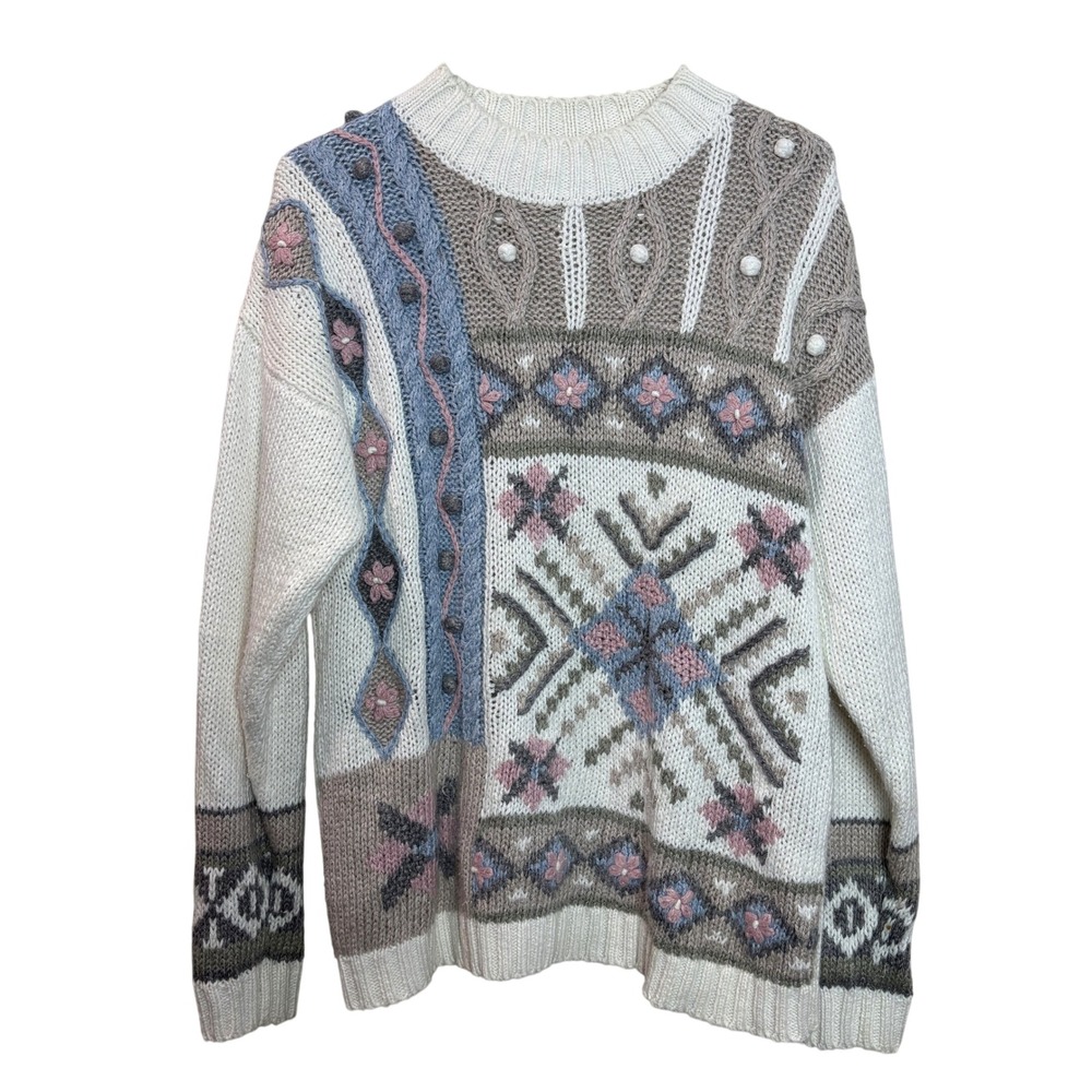 Vintage Novelty Knit Sweater Floral Pastel Oversized Grannycore Cozy Ski‎ Small